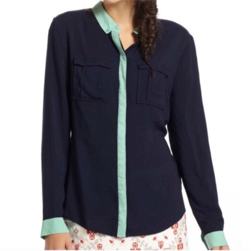 Anthropologie Maeve Bagatelle Long Sleeve Buttondown Top-Size 6-Blue/Green